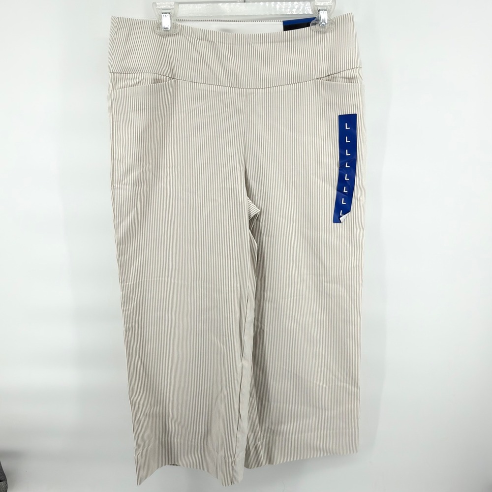 S.C. & CO. Wide‎ Leg Pants Women L Tan Pinstripe 360 Tummy Control Pull On NEW